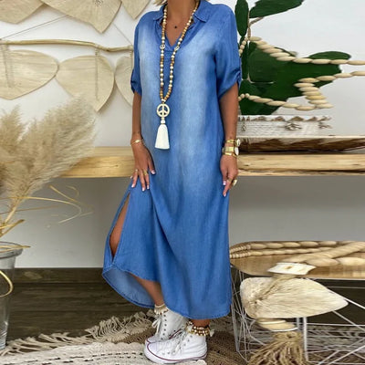 Lea | Long dress in jeans look with slit in the side