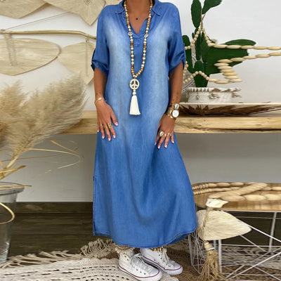 Lea | Long dress in jeans look with slit in the side