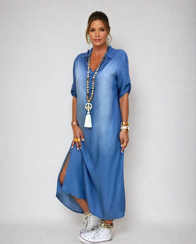 Lea | Long dress in jeans look with slit in the side